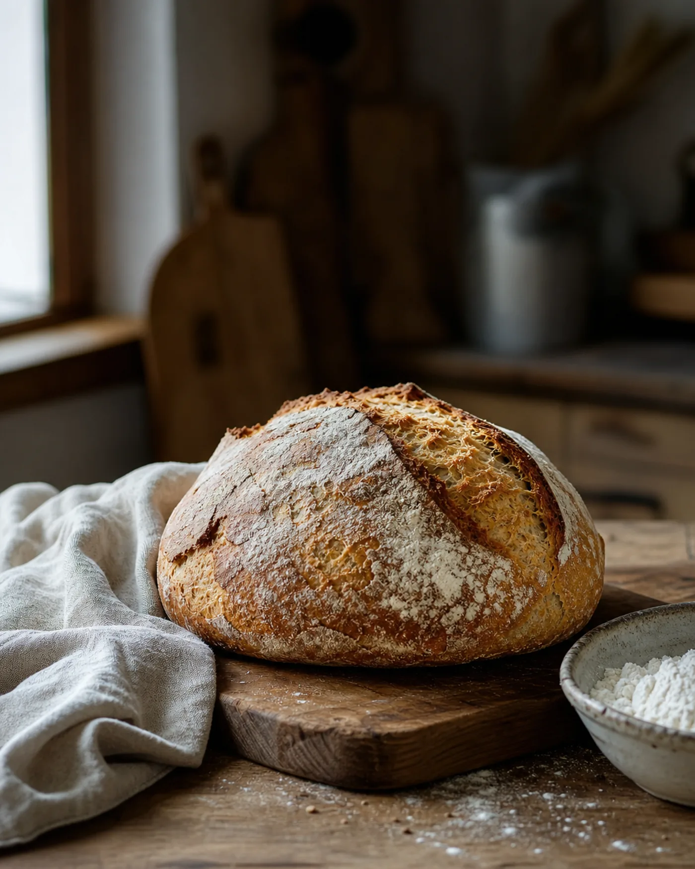 Pain de campagne maison rustique posé sur une planche en bois dans une cuisine lumineuse.