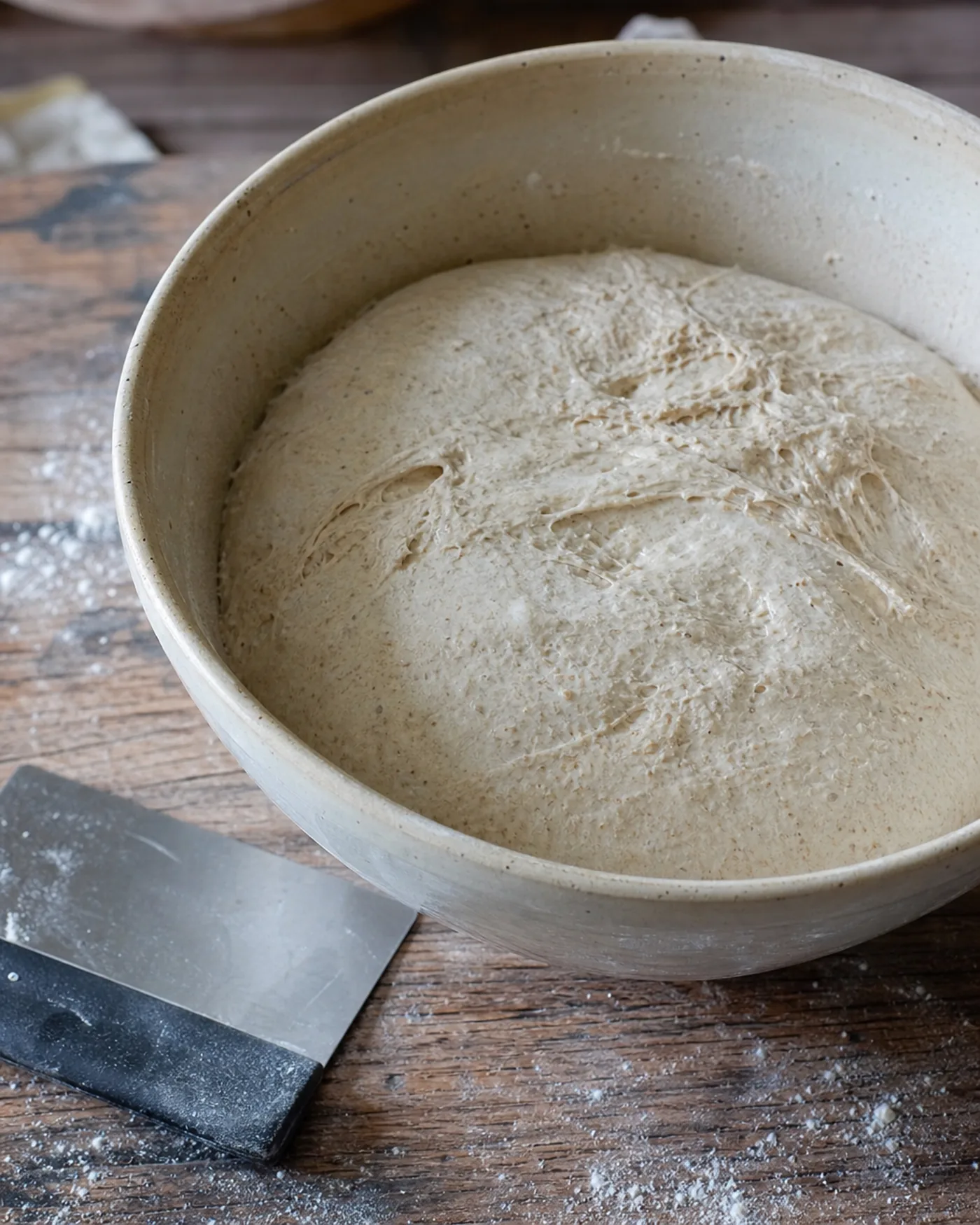 Pâte à pain de campagne au repos dans un saladier avec une corne de boulanger sur la table.