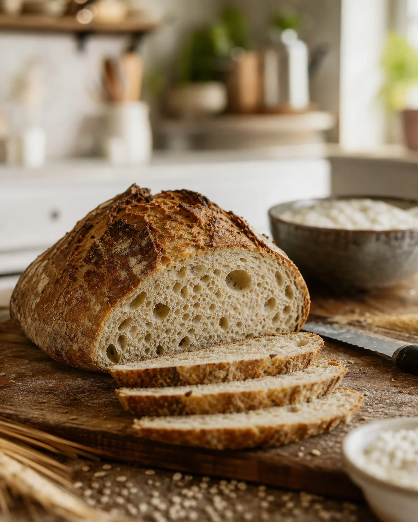 Pain de campagne maison tranché avec une mie irrégulière et une croûte bien dorée.