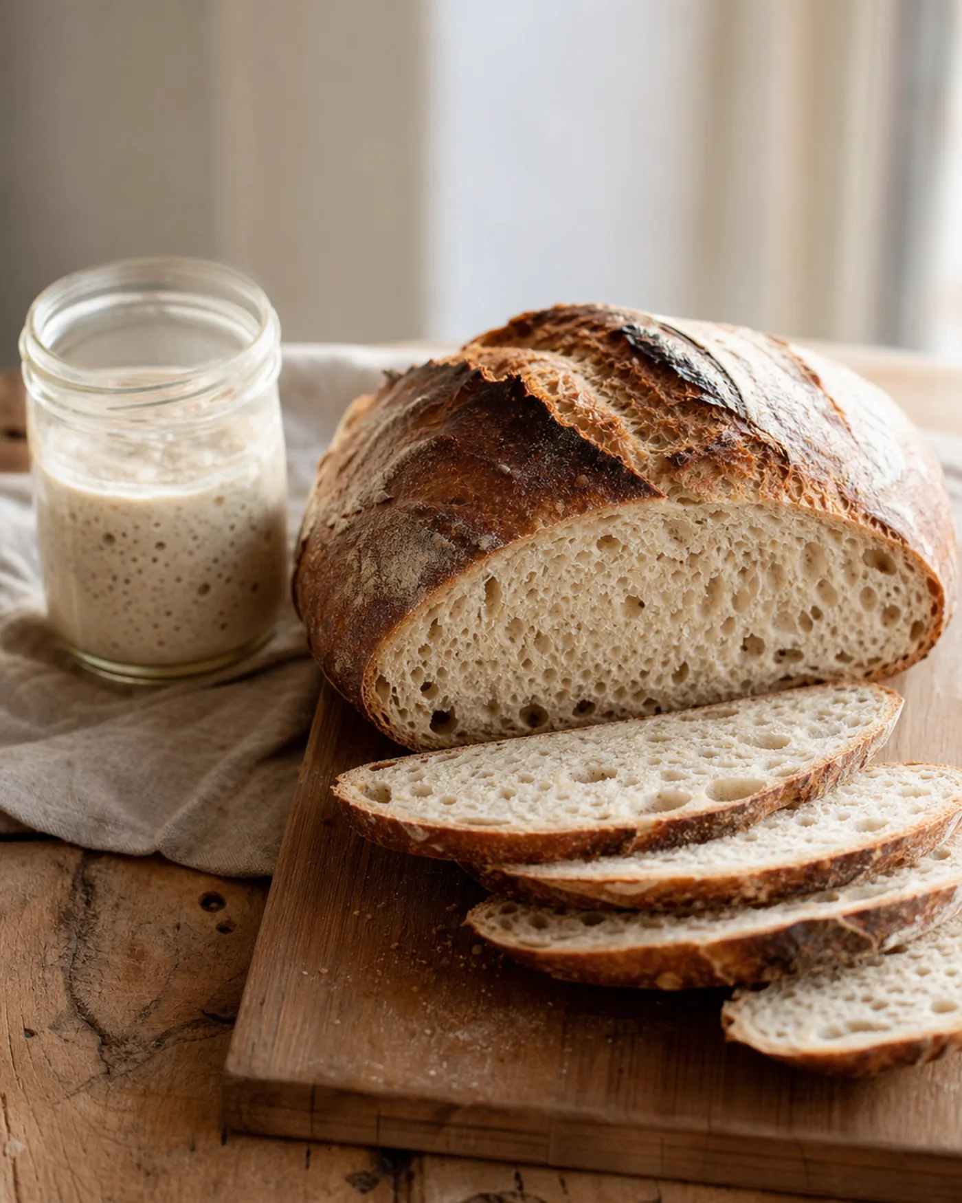 Pain au levain maison tranché avec bocal de levain actif en arrière-plan