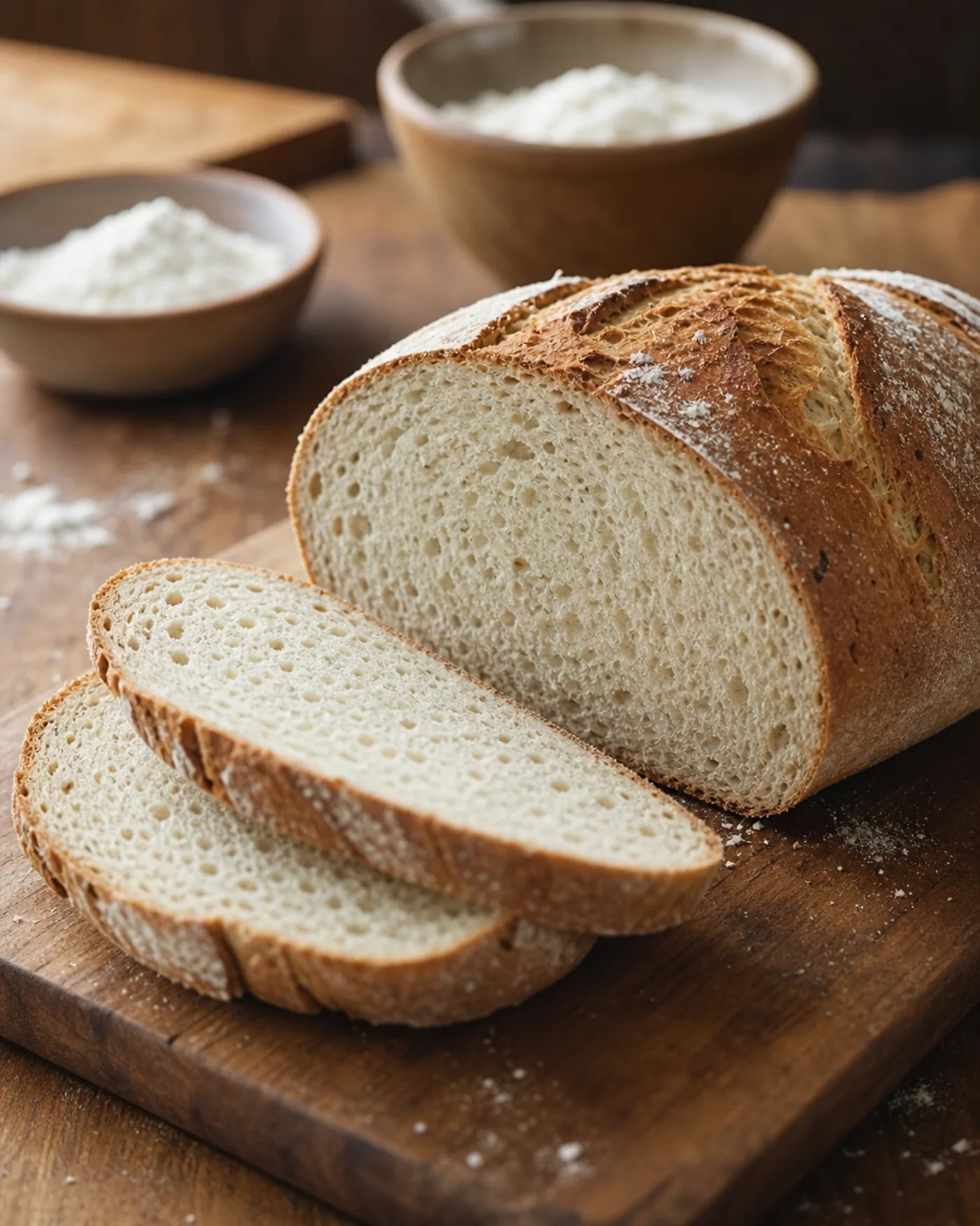 Pain maison tranché avec une mie régulière obtenu avec un mélange de farines