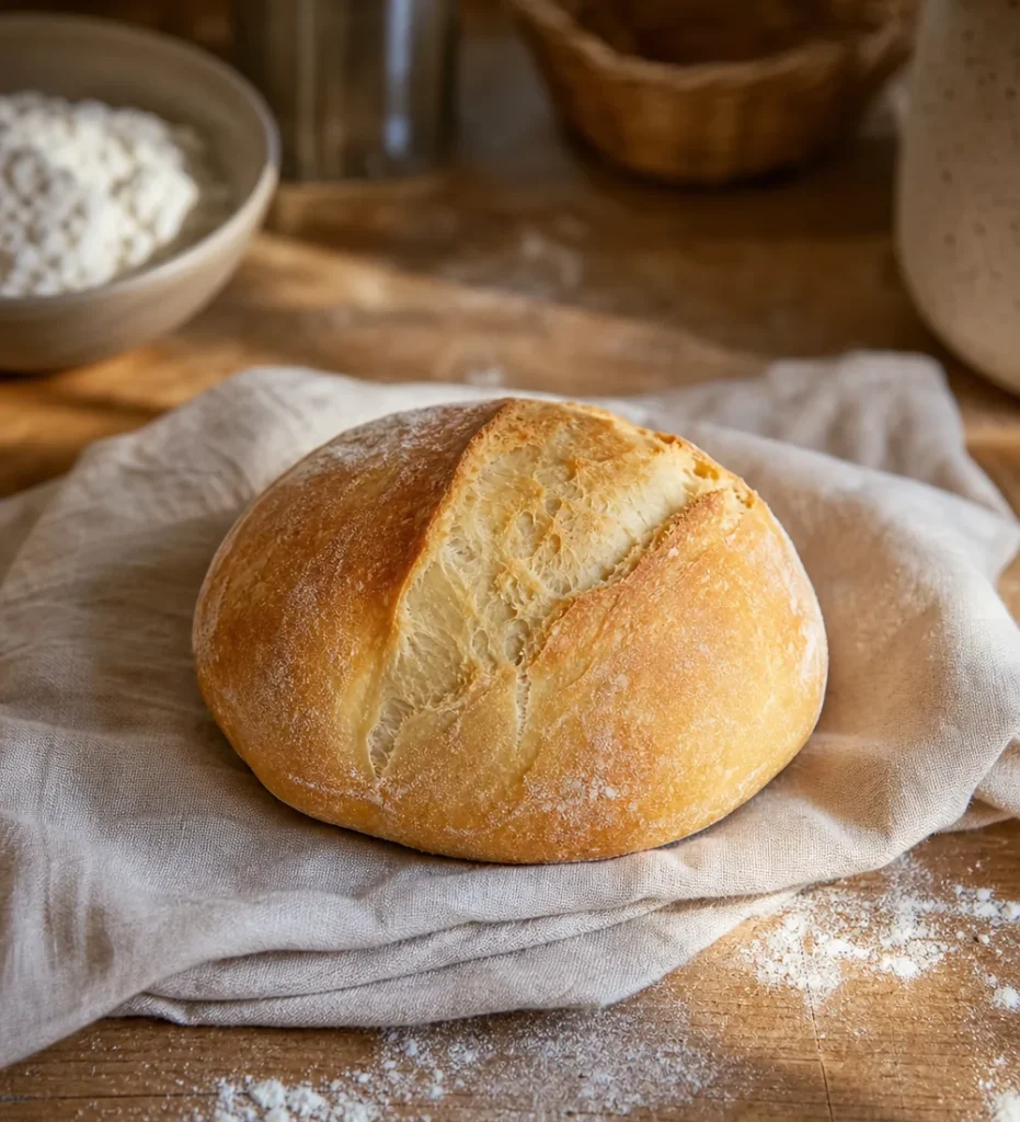 Pain rapide sans repos long posé sur un torchon dans une cuisine maison