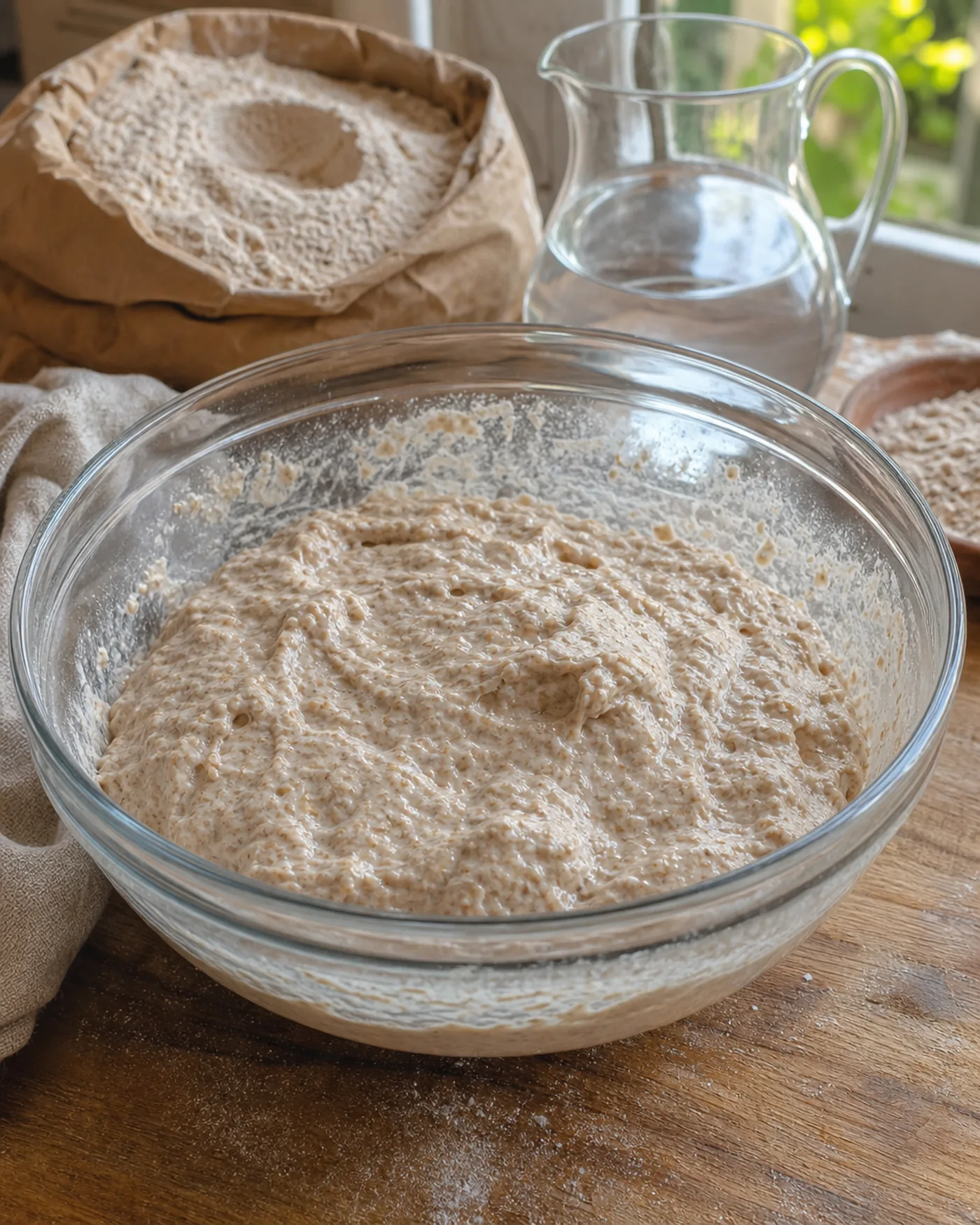 Pâte de pain complet hydratée dans un saladier avant fermentation