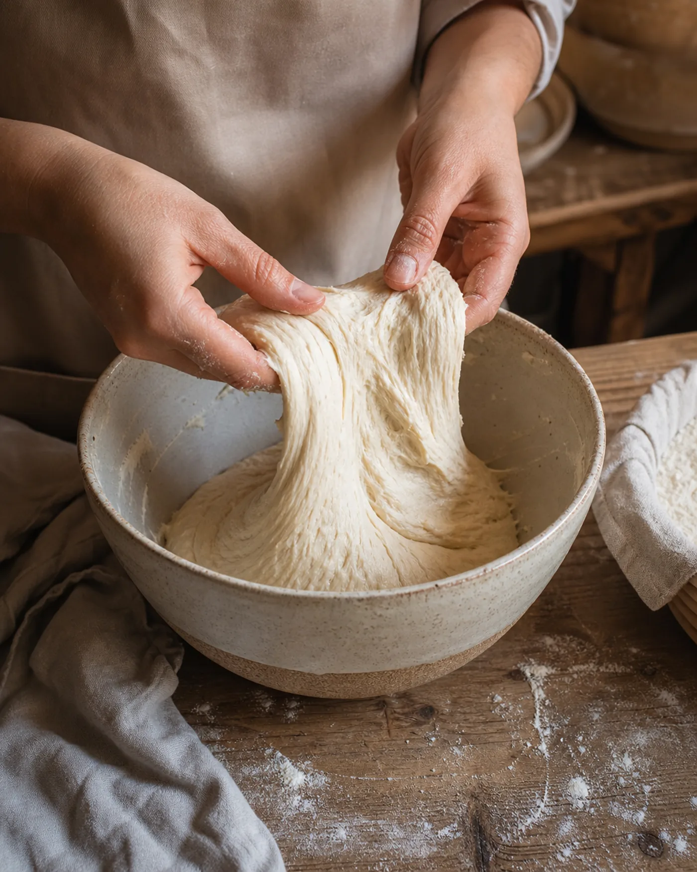 Mains qui étirent doucement une pâte à pain dans un saladier pour faire un rabat