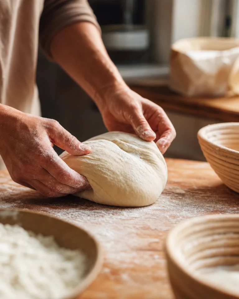 Mains naturelles effectuant un rabat sur une pâte à pain au levain posée sur un plan de travail en bois