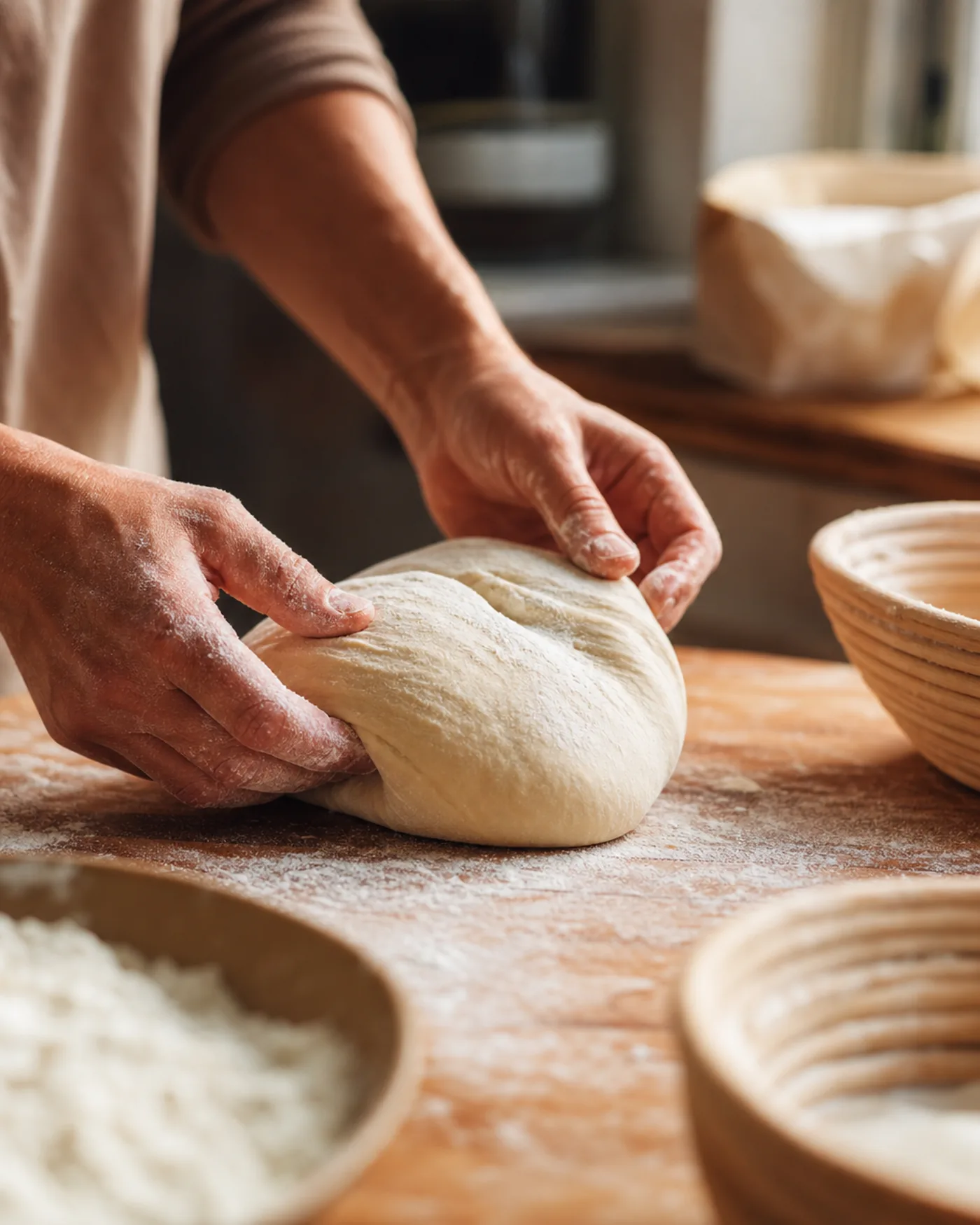 Mains naturelles effectuant un rabat sur une pâte à pain au levain posée sur un plan de travail en bois