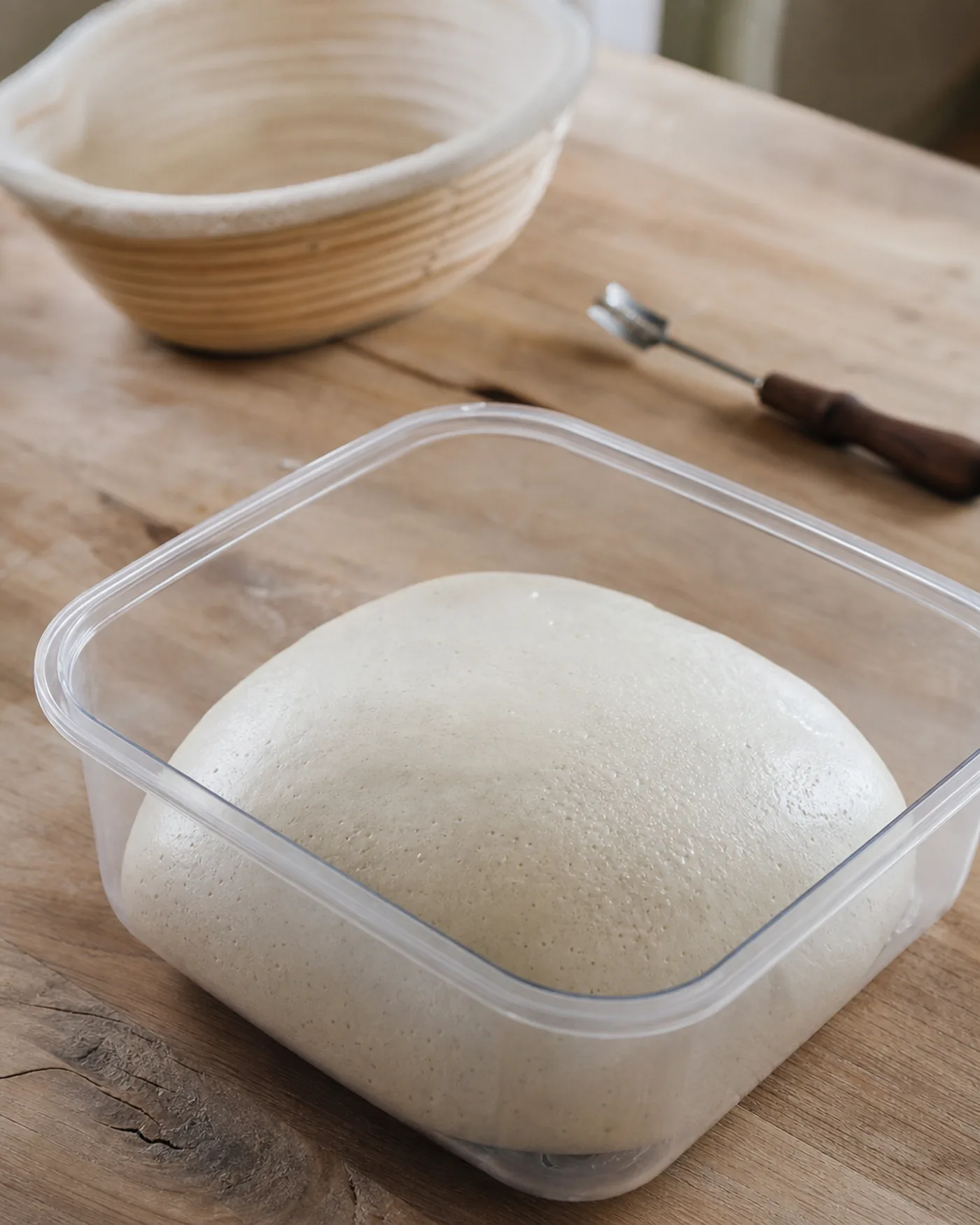 Pâte à pain lisse et tendue dans un bac après plusieurs rabats