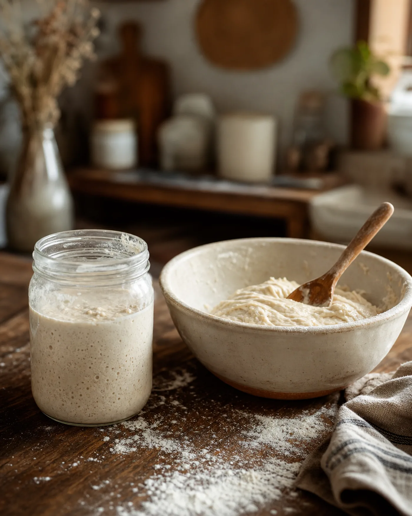 Levain rafraîchi près d’un saladier de pâte dans une cuisine artisanale