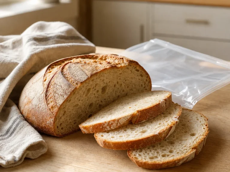 Miche de pain maison refroidie, tranchée près d’un sachet de congélation