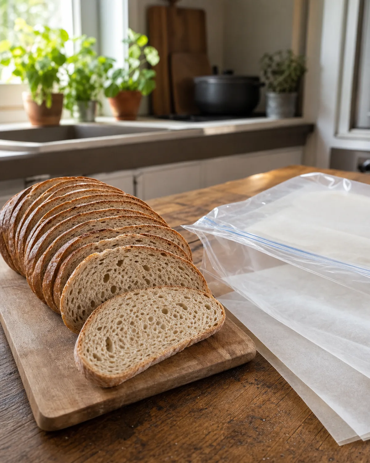 Tranches de pain maison refroidi préparées pour être congelées
