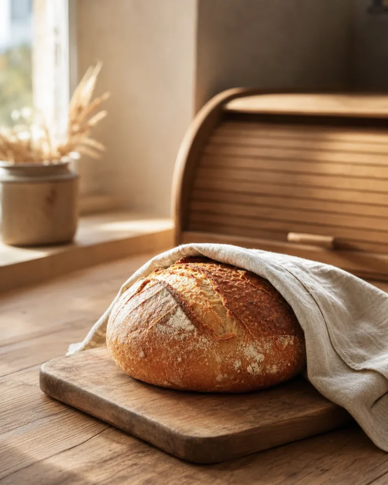 Pain au levain maison enveloppé dans un torchon devant une boîte à pain en bois