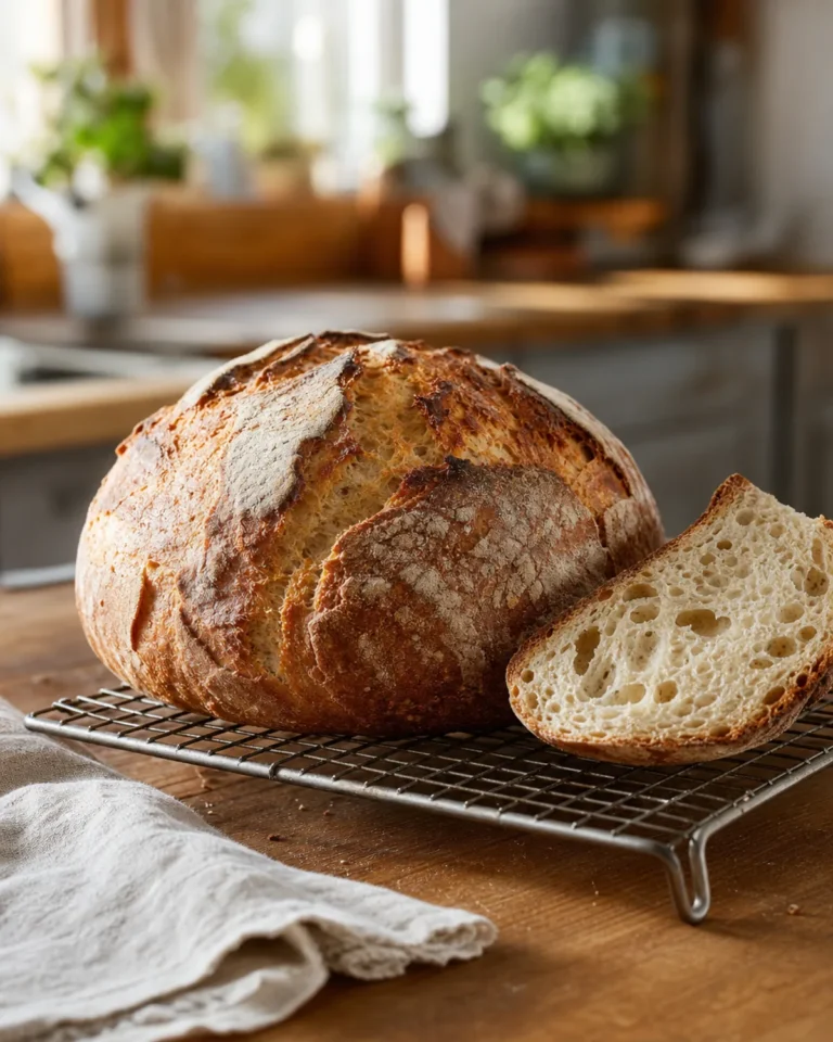 Miche rustique à croûte épaisse avec une tranche montrant la mie sur une grille