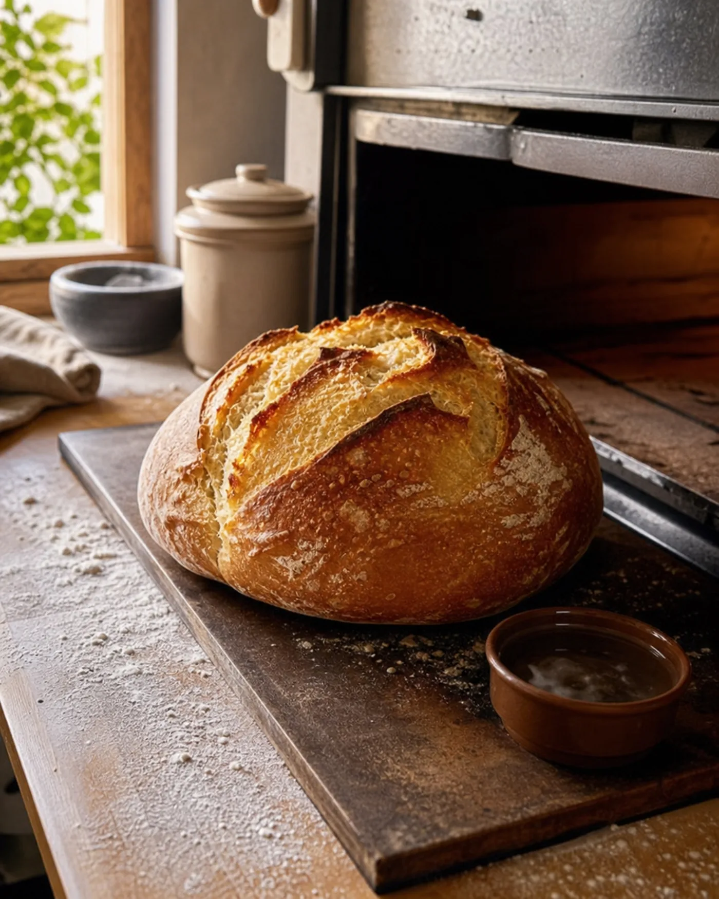 Pain maison doré cuit sans cocotte sur plaque chaude dans un four domestique
