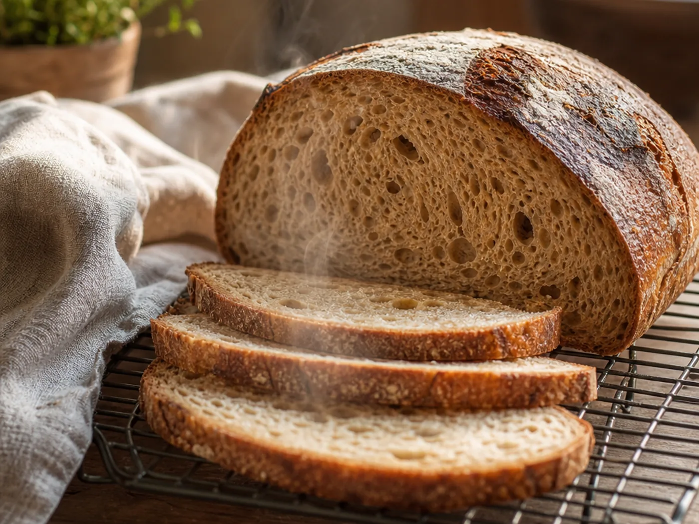 Demi-miche et tranches de pain maison en décongélation sur une grille