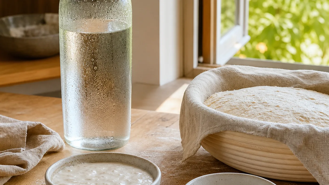 Eau fraîche, levain et pâte préparés pour une fermentation d’été