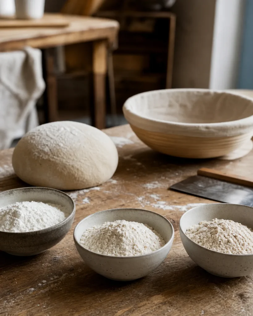 Trois bols de farines différentes avec un pâton de pain maison