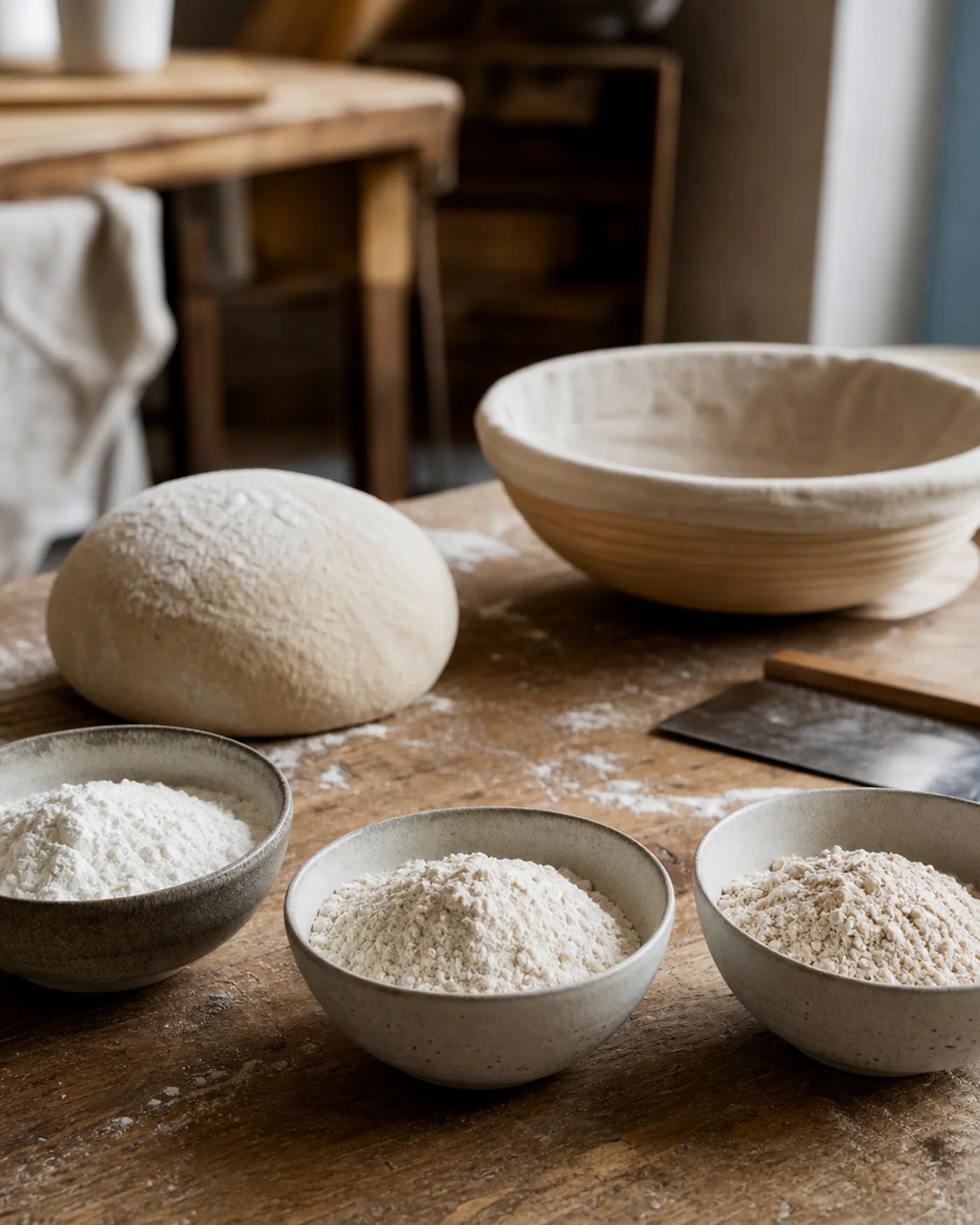 Trois bols de farines différentes avec un pâton de pain maison