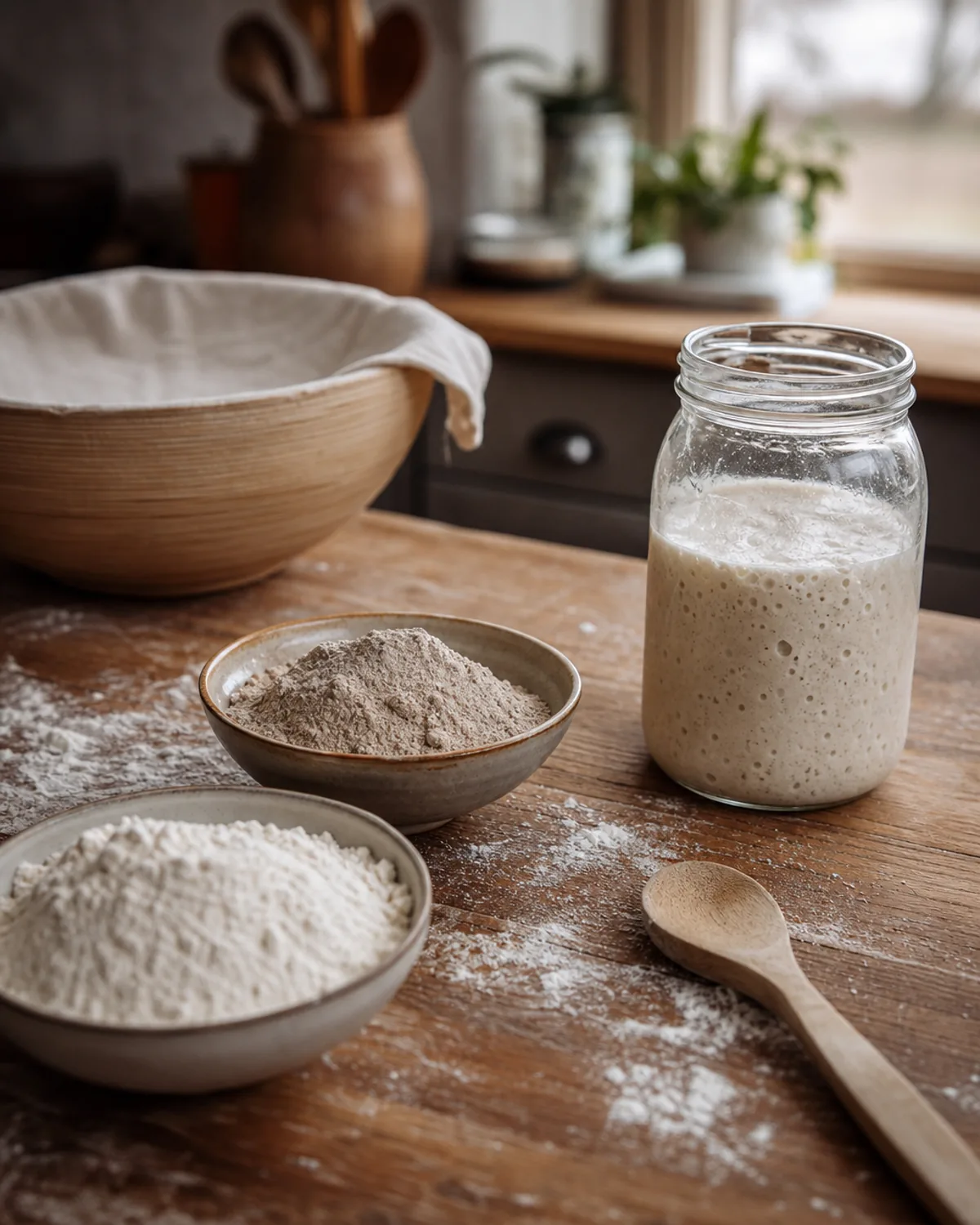 Farine de seigle et farine de blé prêtes pour rafraîchir un levain maison