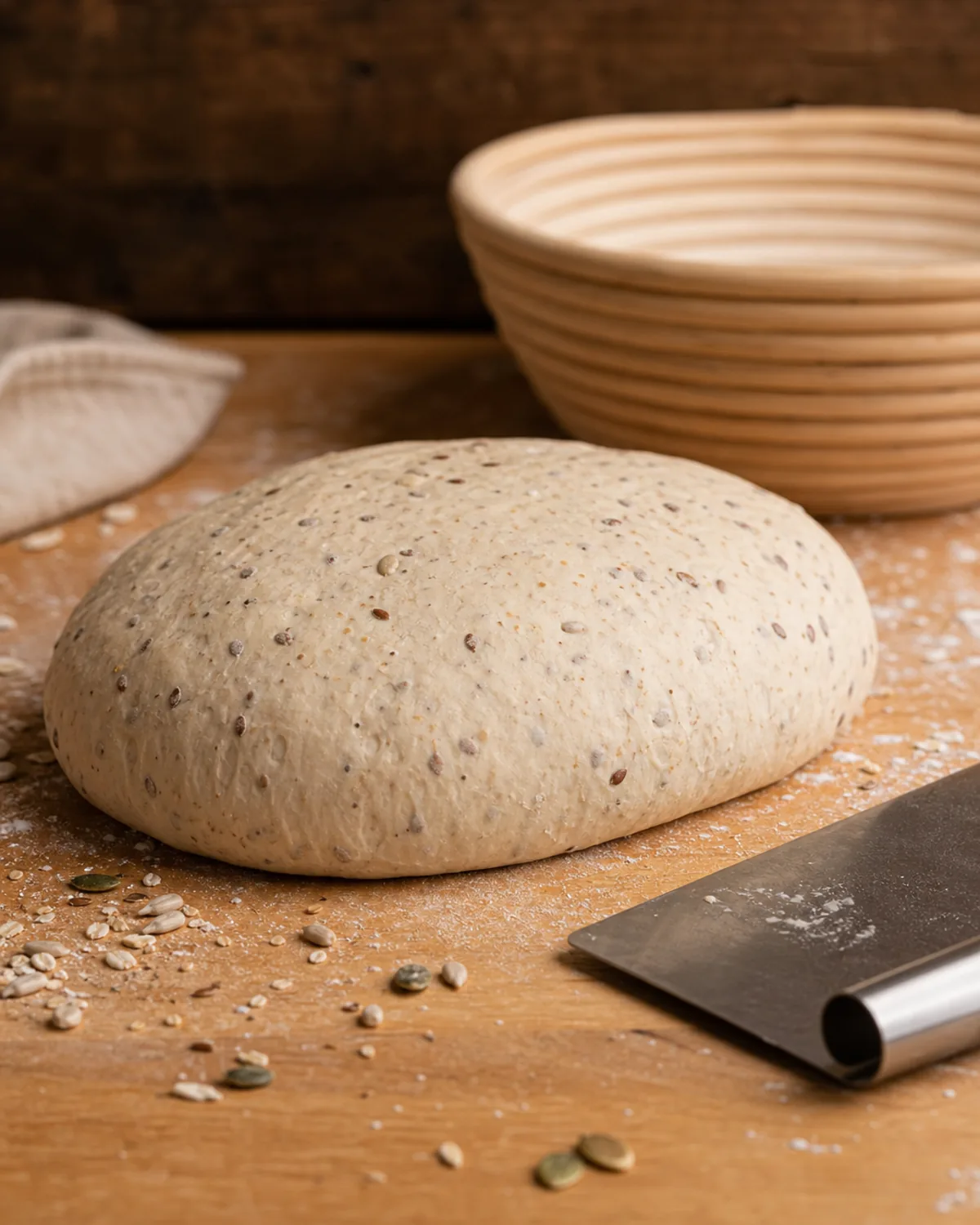 Pâte à pain souple avec des graines incorporées de façon régulière avant le façonnage