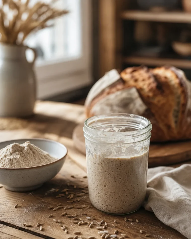 Bocal de levain actif préparé avec de la farine de seigle sur une table de cuisine