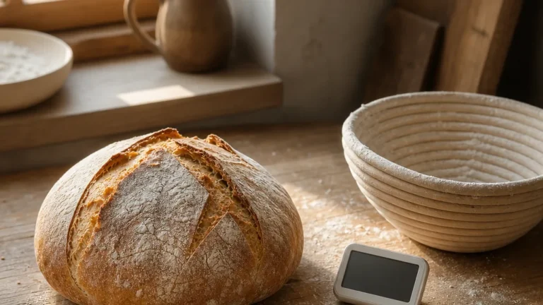 Miche de pain, banneton et thermomètre réunis sur une table de boulangerie maison