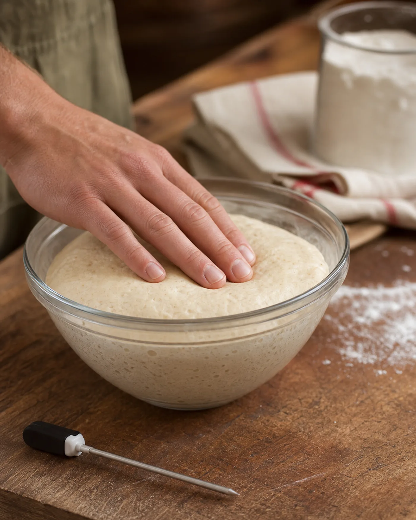 Main qui vérifie une pâte à pain dans un saladier avec une sonde de température