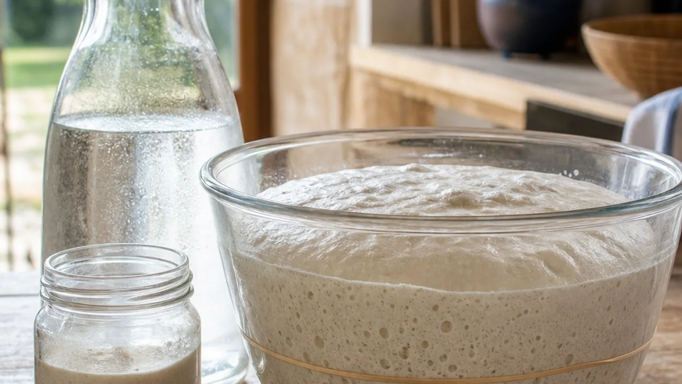 Pâte au levain observée dans un récipient transparent pendant une journée chaude