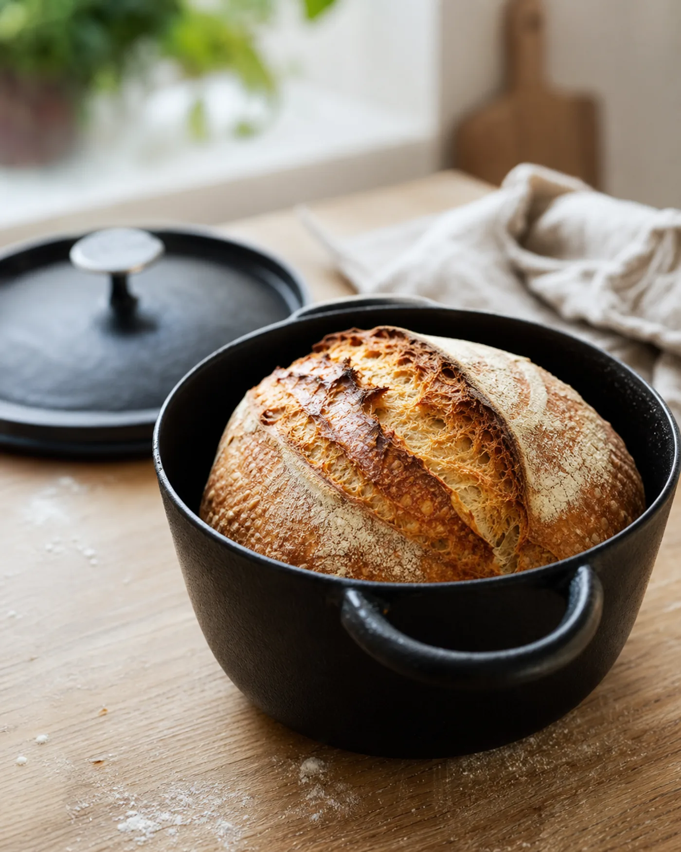 Pain maison cuit dans une cocotte en fonte ouverte