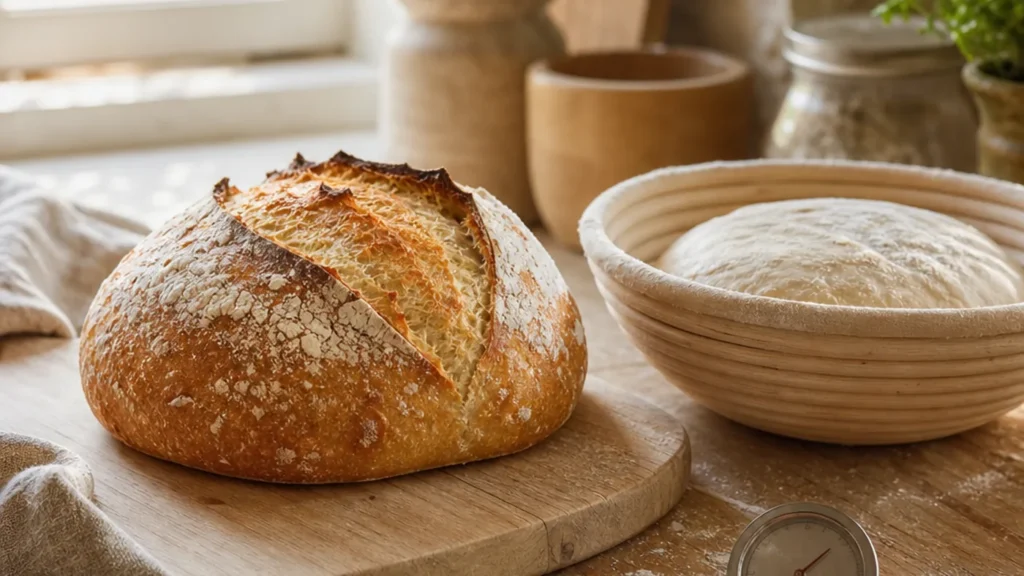 Pain au levain et pâte en banneton dans une cuisine lumineuse en été