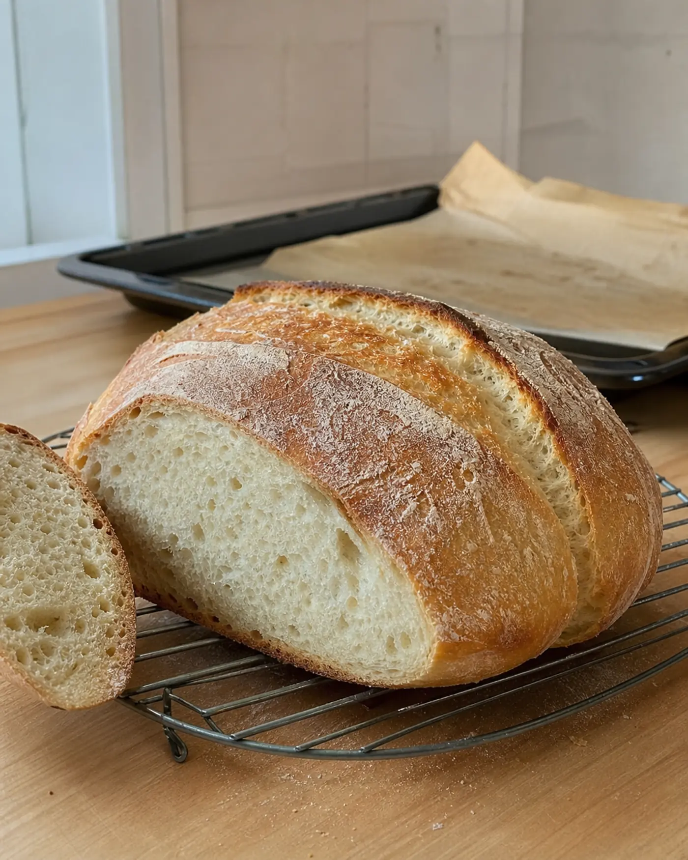 Pain maison cuit sans cocotte refroidissant sur une grille avec mie visible