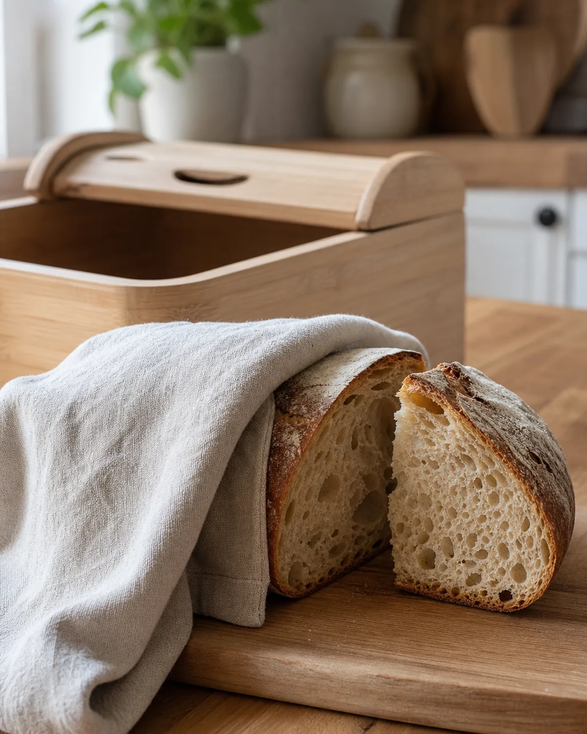 Pain maison coupé conservé dans un torchon près d’une boîte à pain en bois