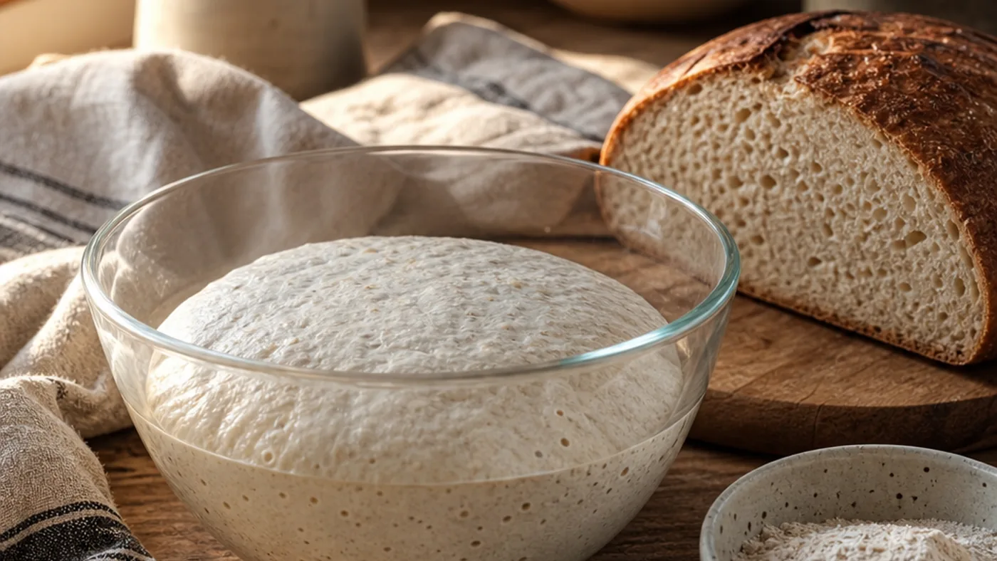 Pâte fermentée dans un saladier près d’un pain maison à mie serrée