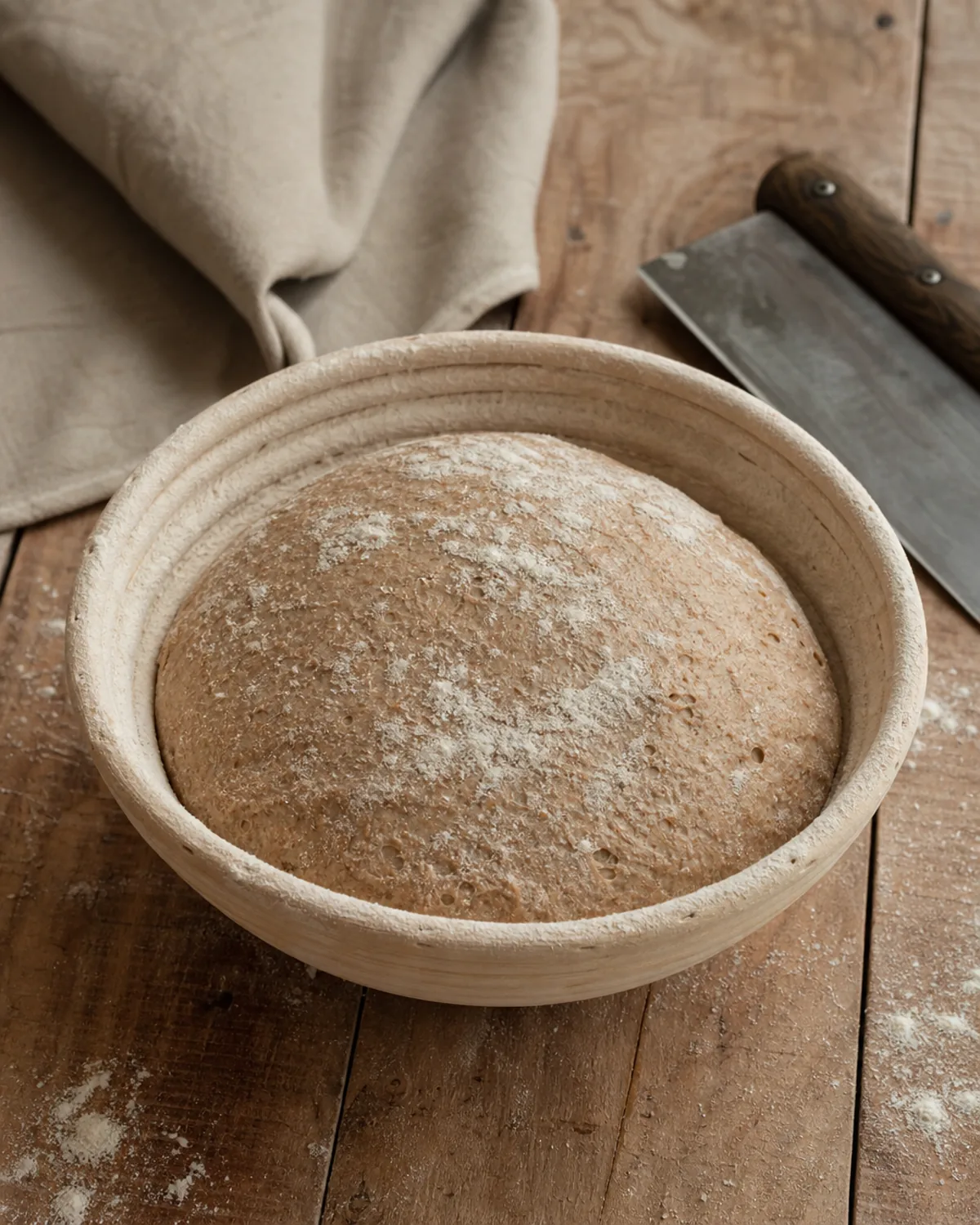 Pâton de pain au levain avec une part de farine de seigle dans un banneton