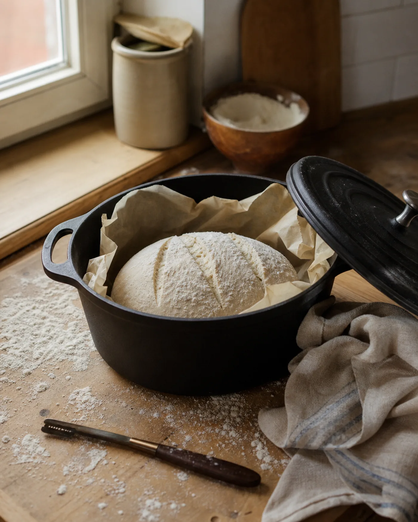 Pâton de pain déposé sur papier cuisson dans une cocotte