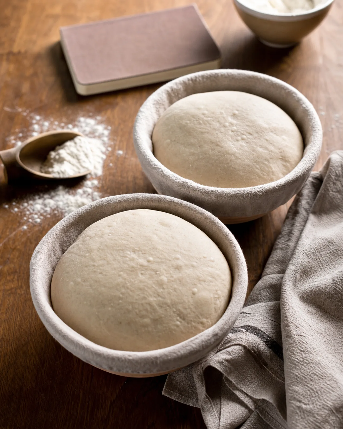 Deux pâtons de pain en fermentation dans des bannetons à température différente