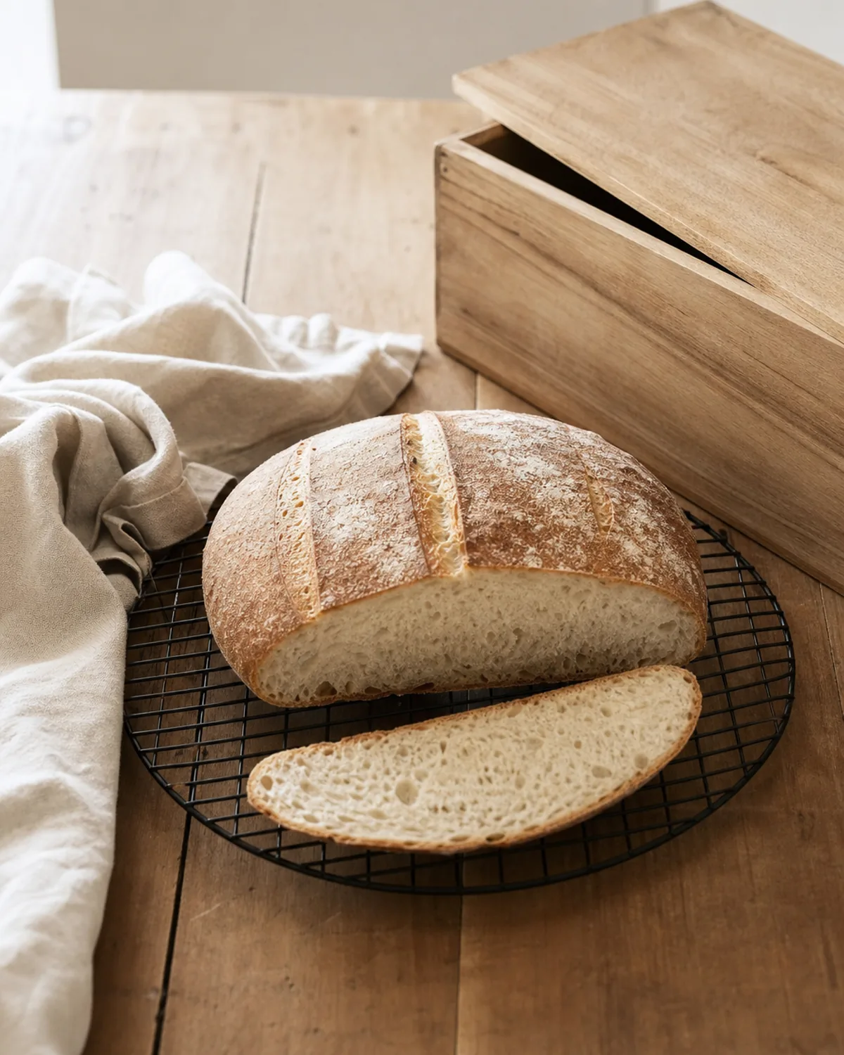 Pain maison coupé refroidissant sur une grille près d’un torchon et d’une boîte à pain en bois