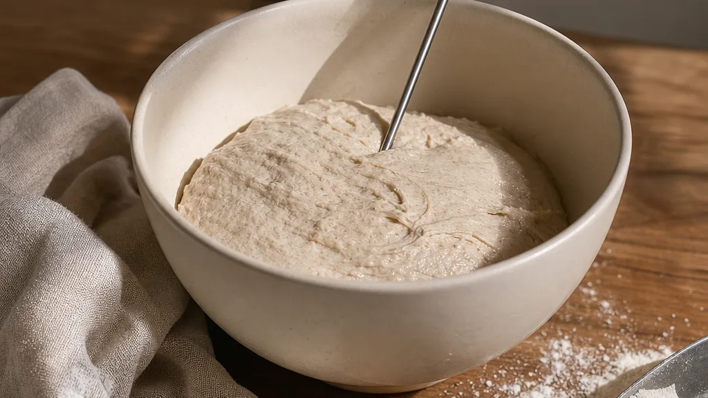 Thermomètre de cuisine contrôlant la température d’une pâte à pain dans un saladier