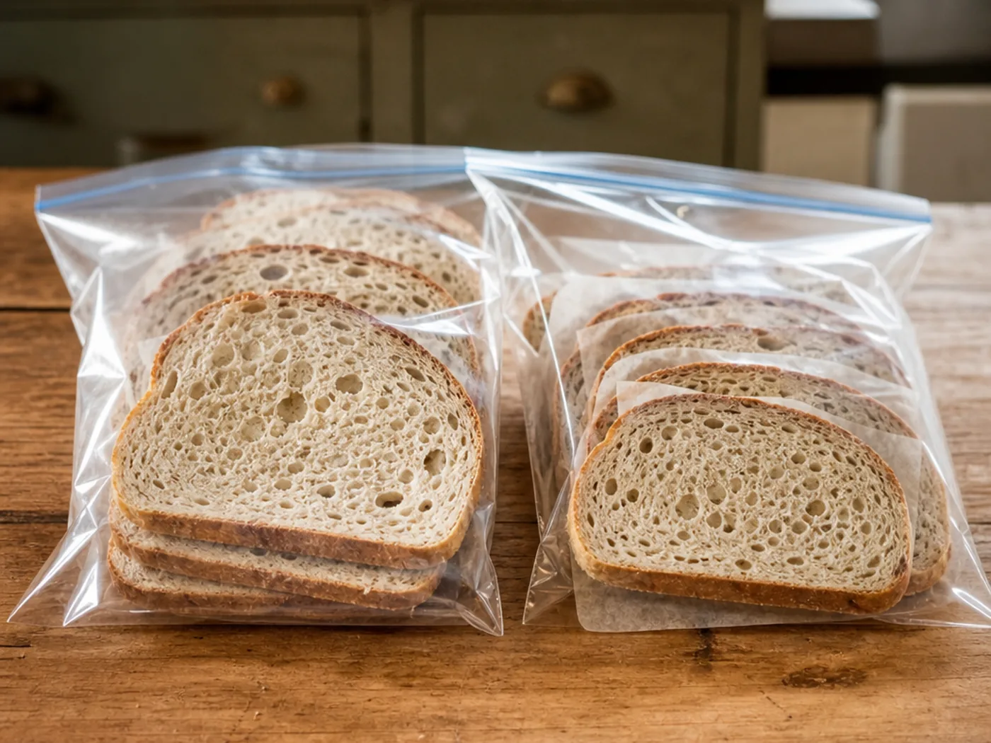 Tranches de pain maison refroidies et rangées dans des sachets de congélation