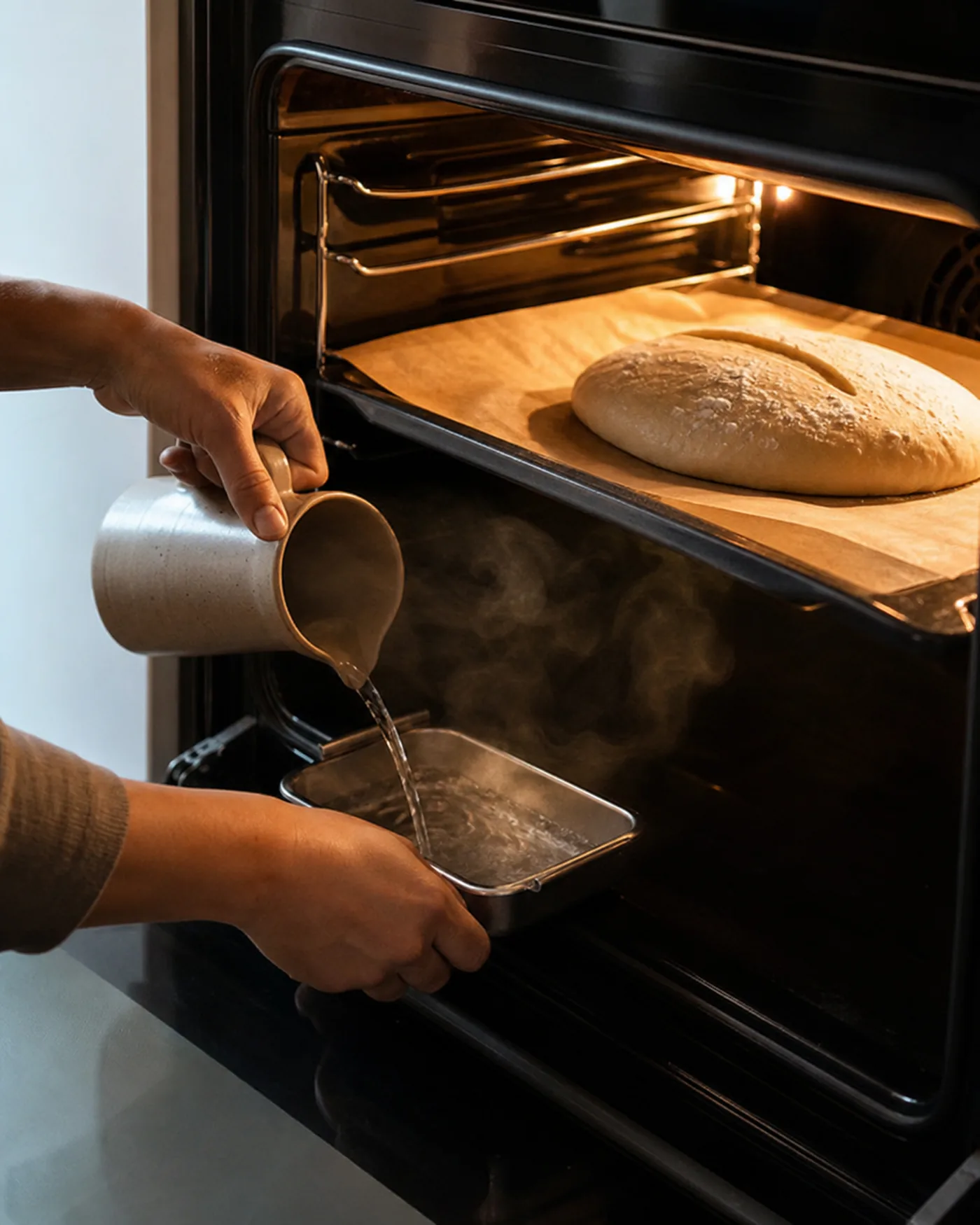 Versement d'eau chaude dans un plat pour créer de la vapeur dans un four domestique avant cuisson du pain
