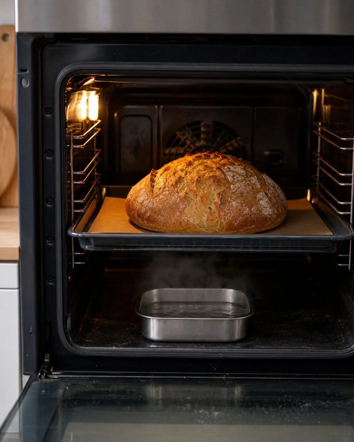 Miche de pain cuisant dans un four domestique avec un récipient d’eau pour produire de la vapeur