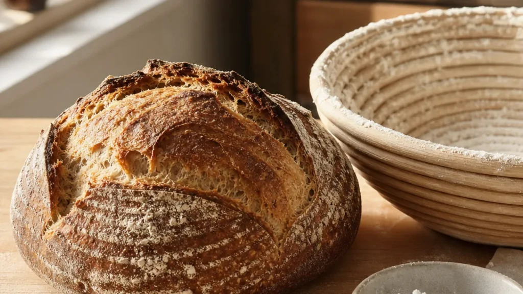 Miche de pain au levain à côté d’un banneton en osier fariné