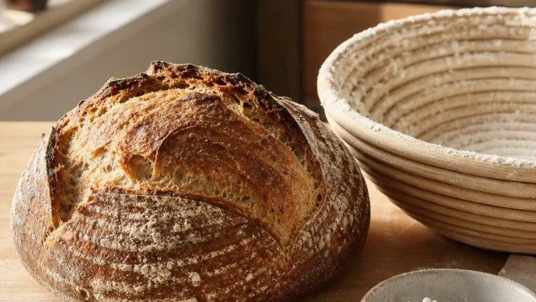 Miche de pain au levain à côté d’un banneton en osier fariné