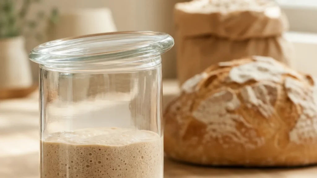 Bocal de levain actif près d’une miche de pain avant une période de repos