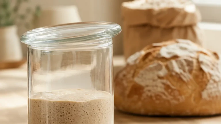 Bocal de levain actif près d’une miche de pain avant une période de repos