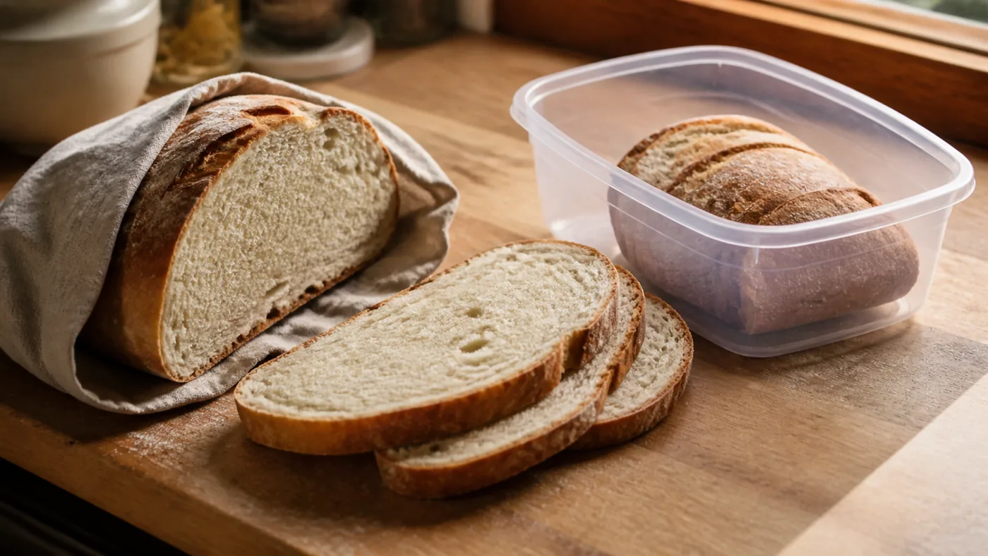 Pain maison refroidi conservé dans un linge et tranché en portions