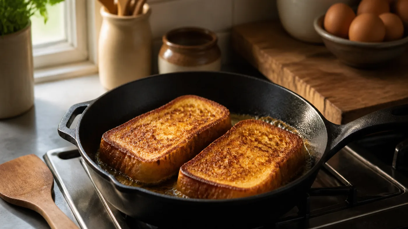 Deux tranches épaisses de pain perdu dorant dans une poêle en fonte