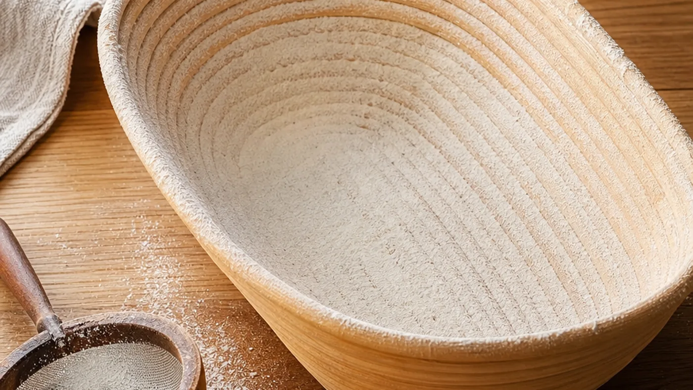 Banneton en osier préparé avec une fine couche régulière de farine