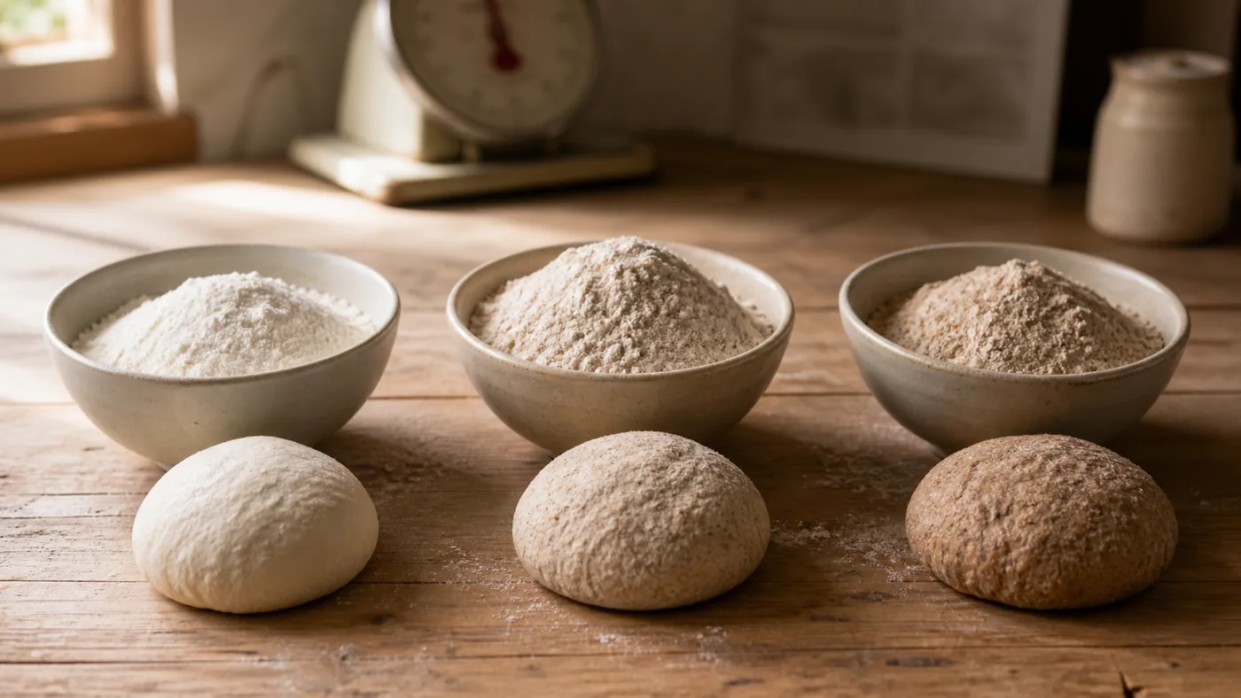 Farines blanche, semi-complète et complète avec trois pâtes correspondantes