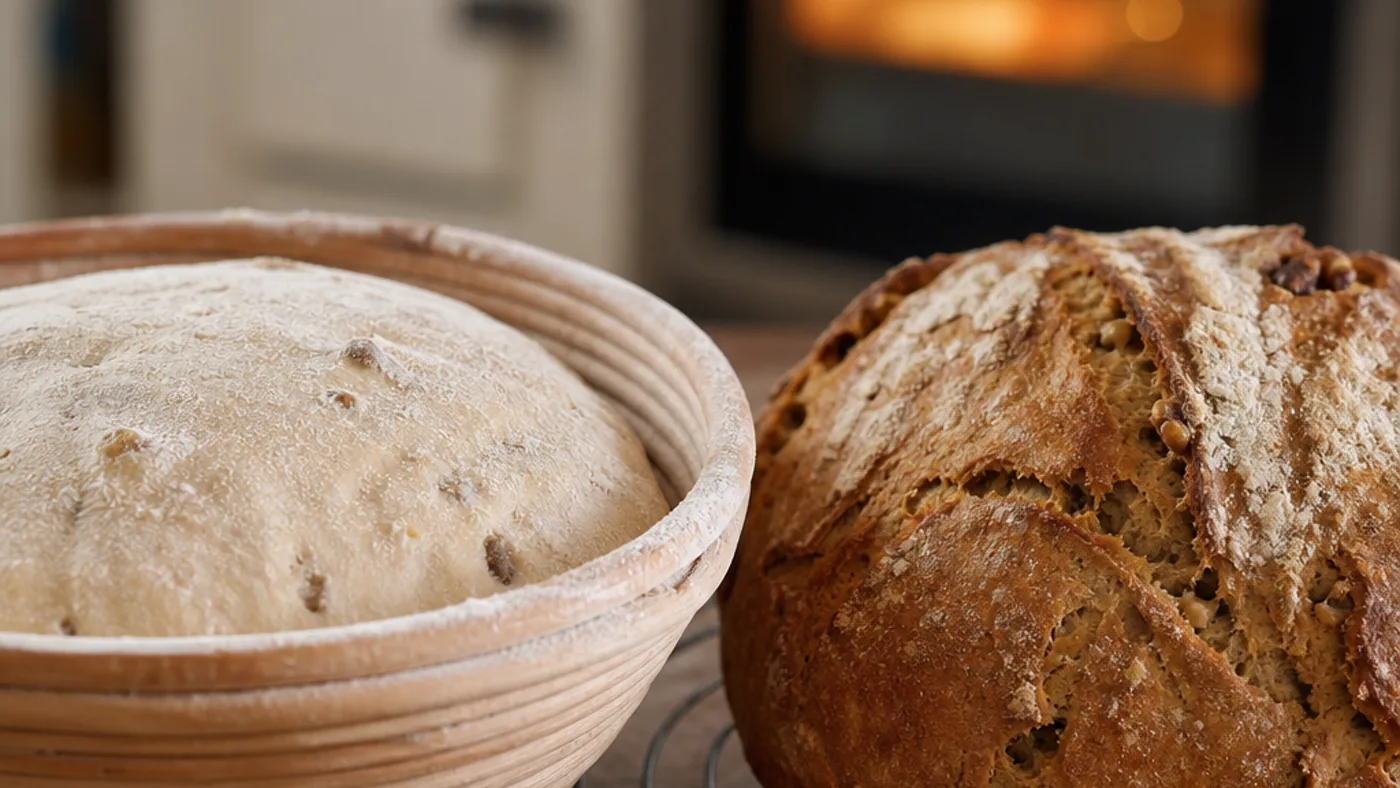 Pâton de pain aux noix fermenté dans un banneton près d’une miche cuite