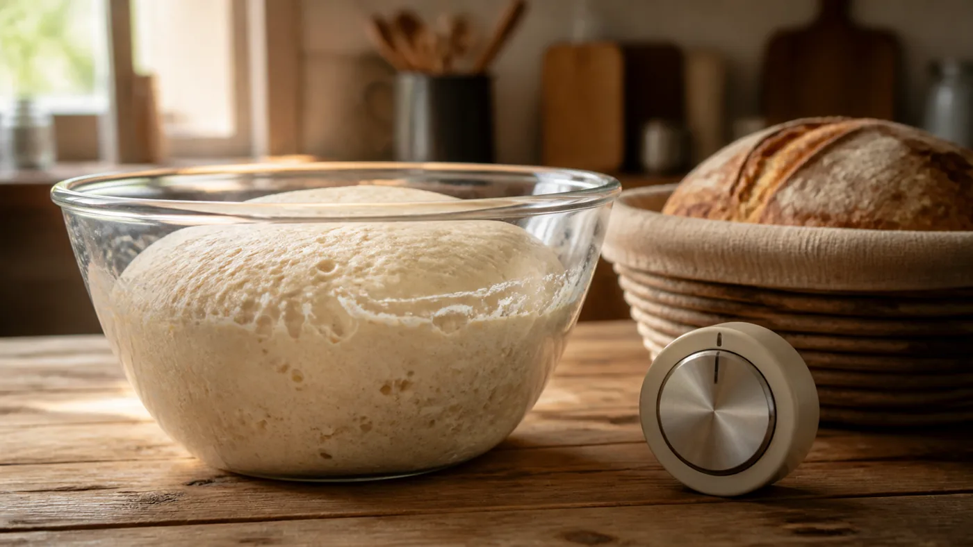 Pâte à pain au levain fermentée dans un bol en verre